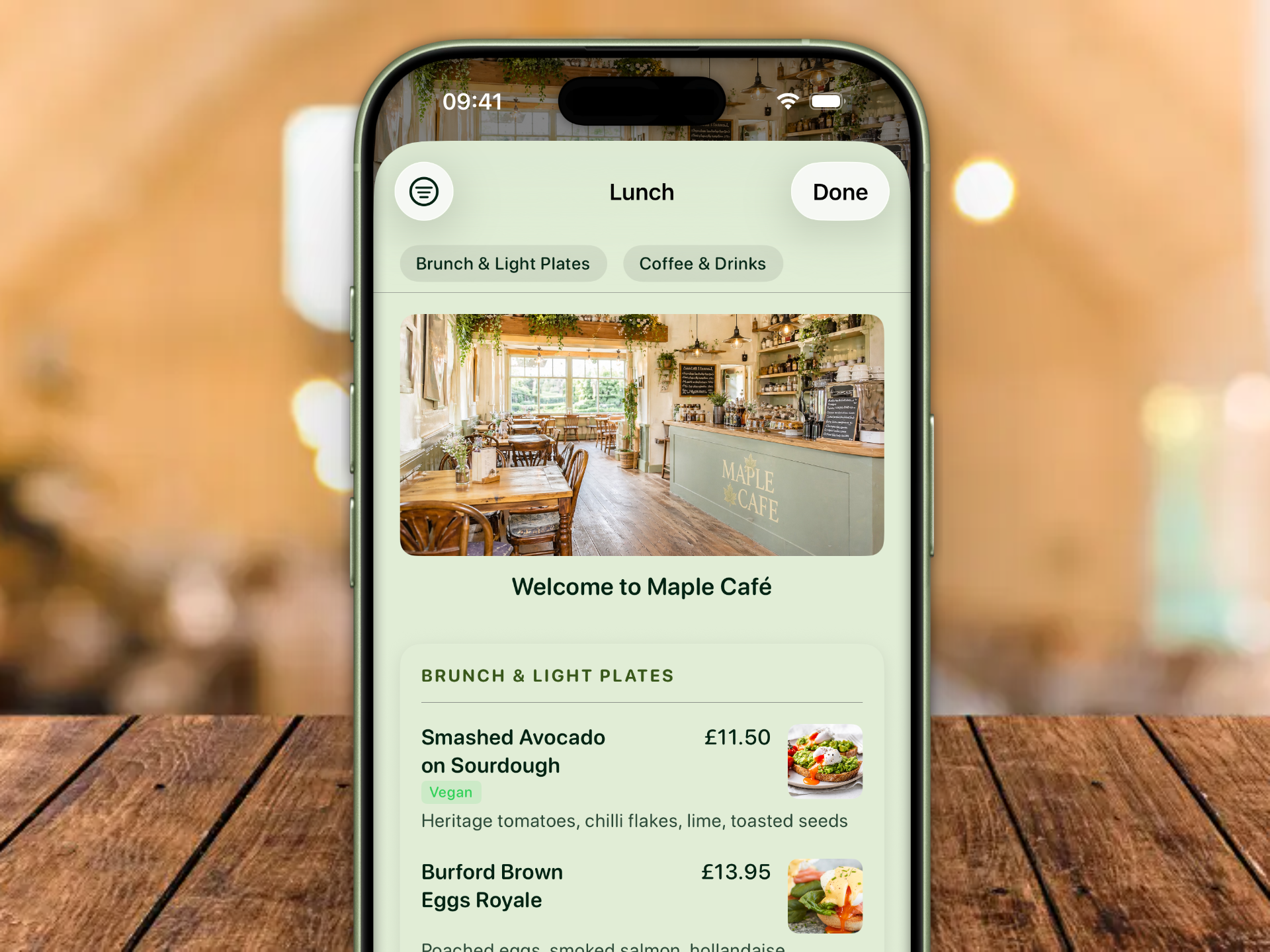 iPhone showing Candour digital menu with food items, prices, and allergen labels