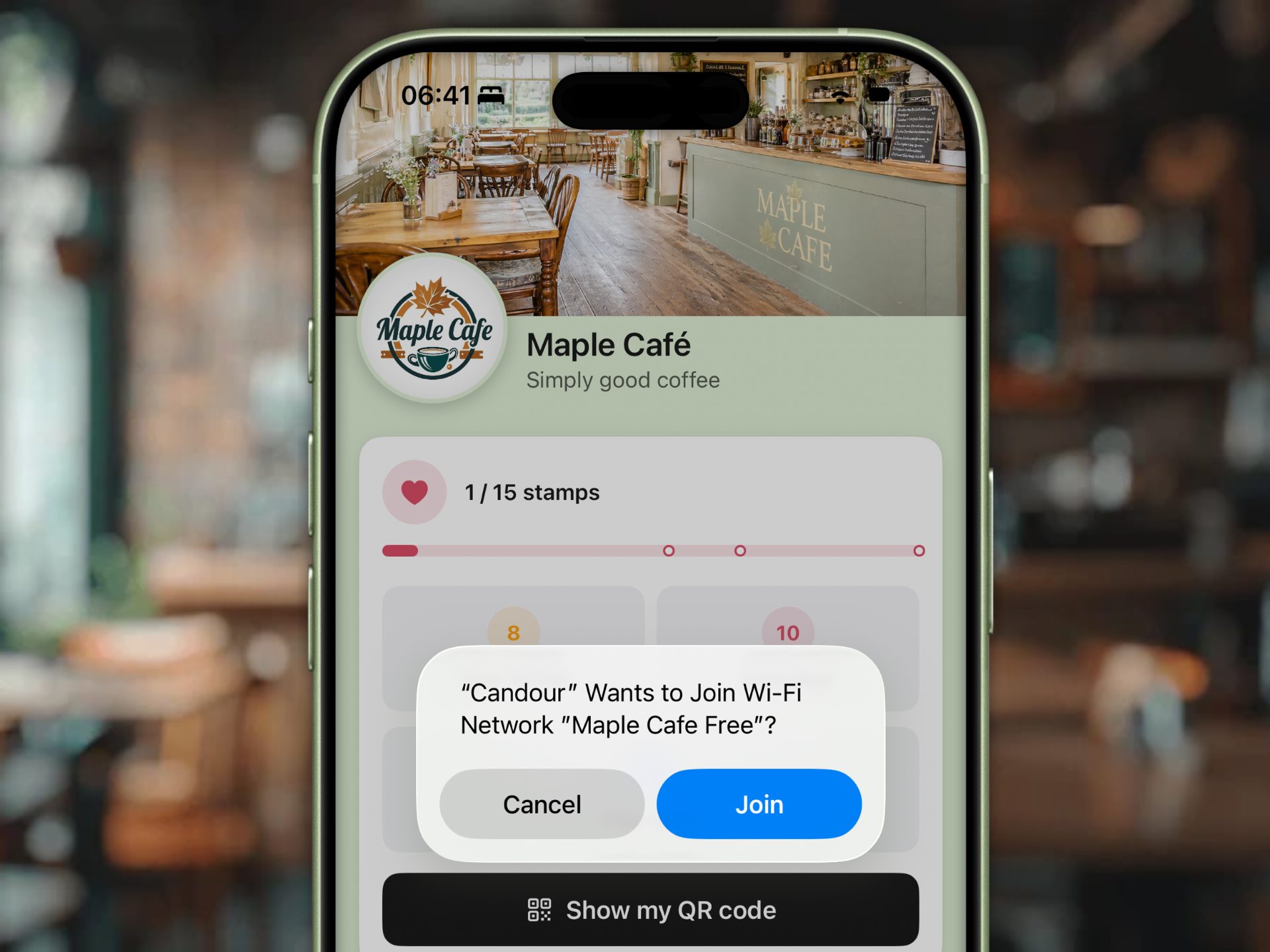 iPhone showing Candour one-tap Wi-Fi connection screen